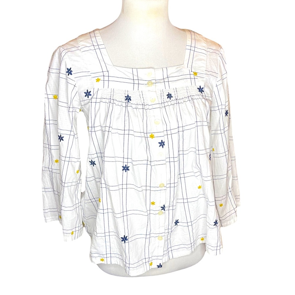 Madewell smocked cotton button front top with embroidered daisy flowers white XS